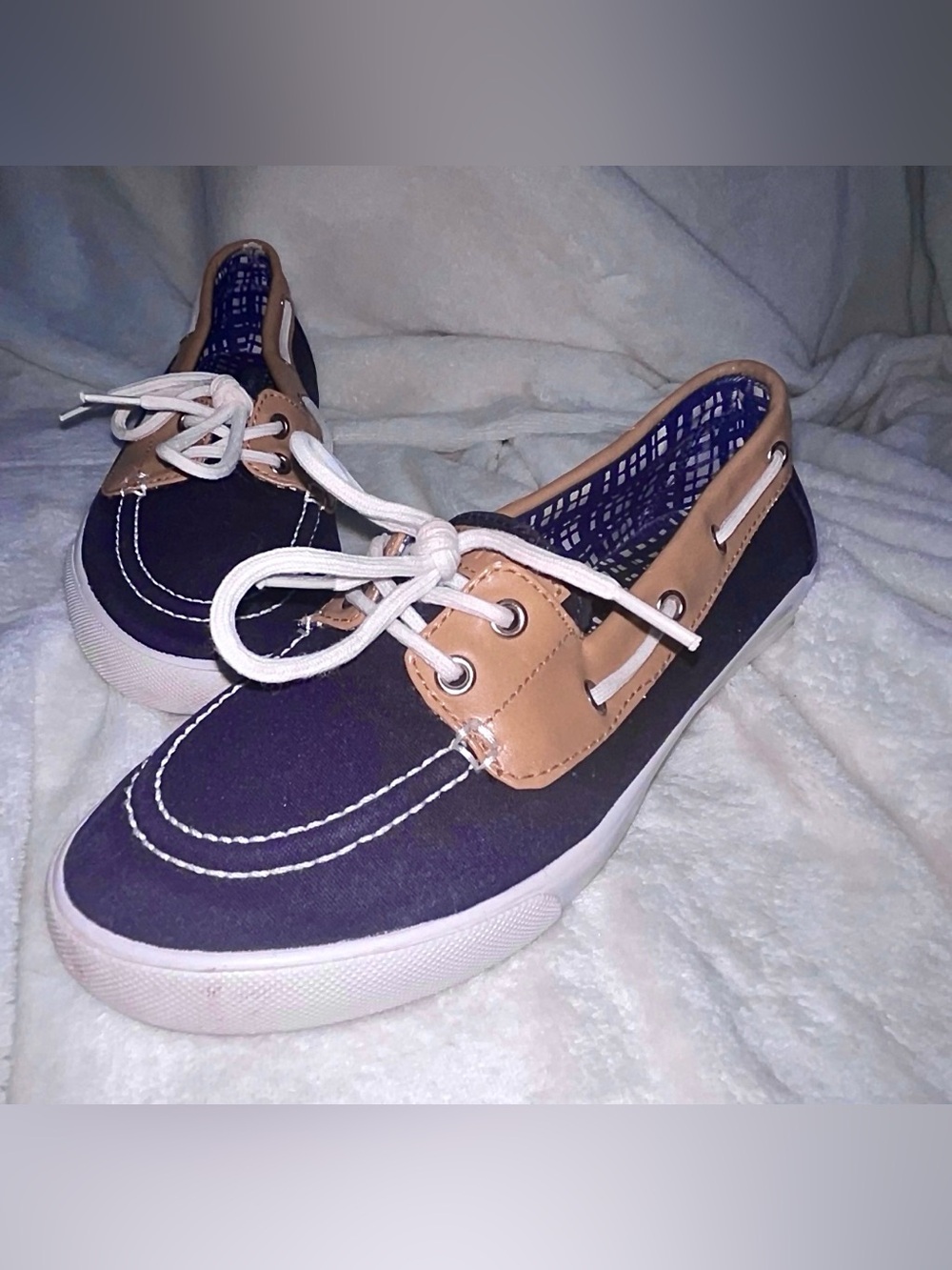 Preppy Hilfiger Twadriel Boat Shoes Navy Tan Size 7 Women's Canvas Loafers Flat